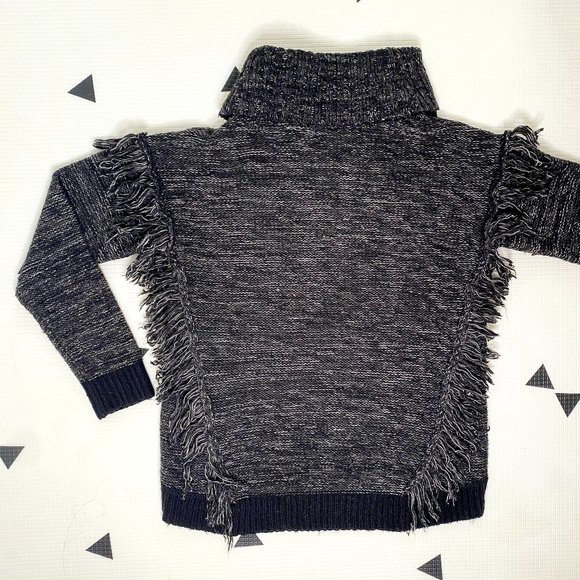 RD Style Fringe Marled Knit Charcoal Cowl Turtleneck High / Low Sweater - Picture 3 of 7